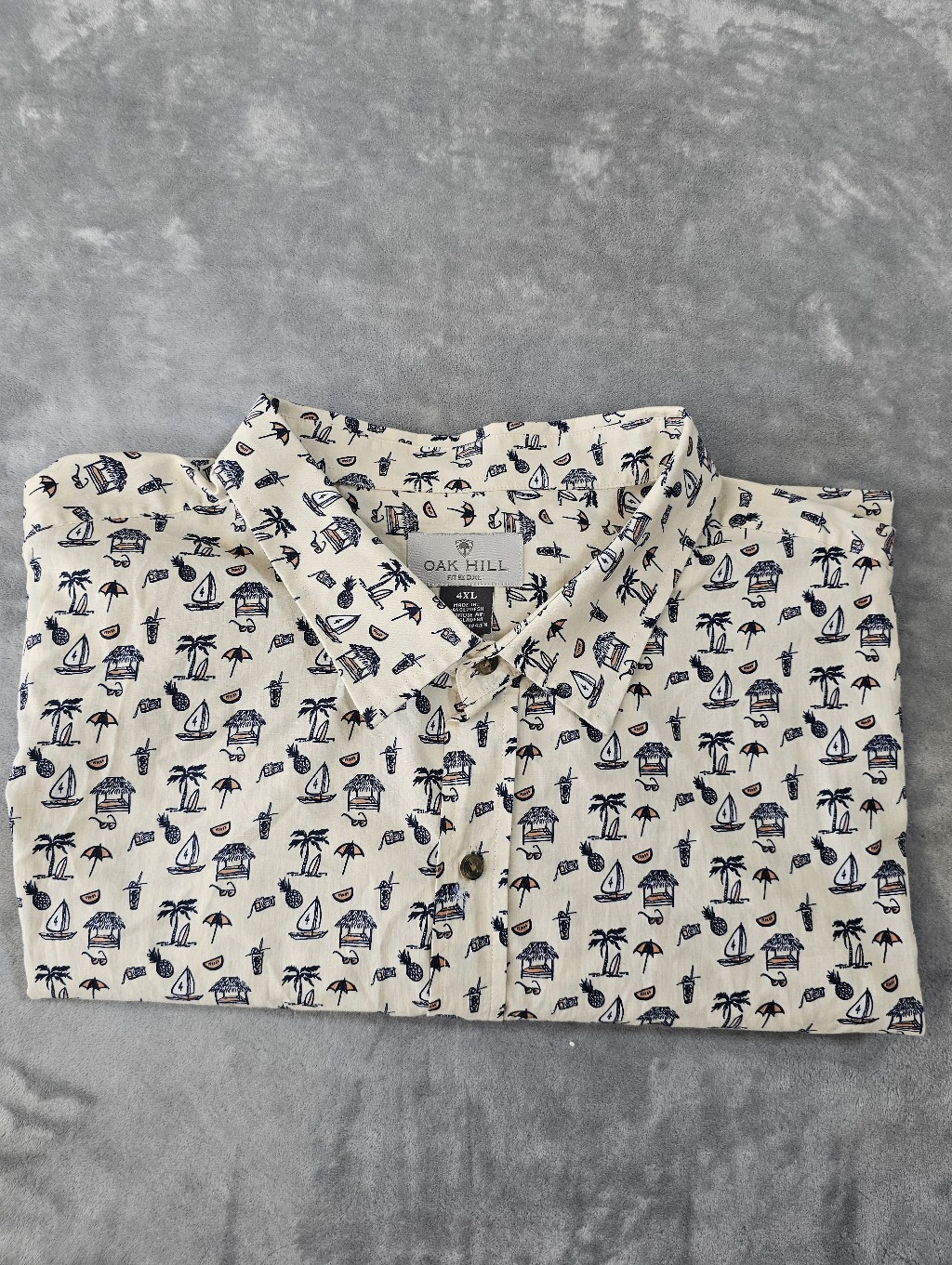 Oak Hill Men 4xl Short Sleeve Button Up Shirt Navy/Beige Sailboat Palm Tree